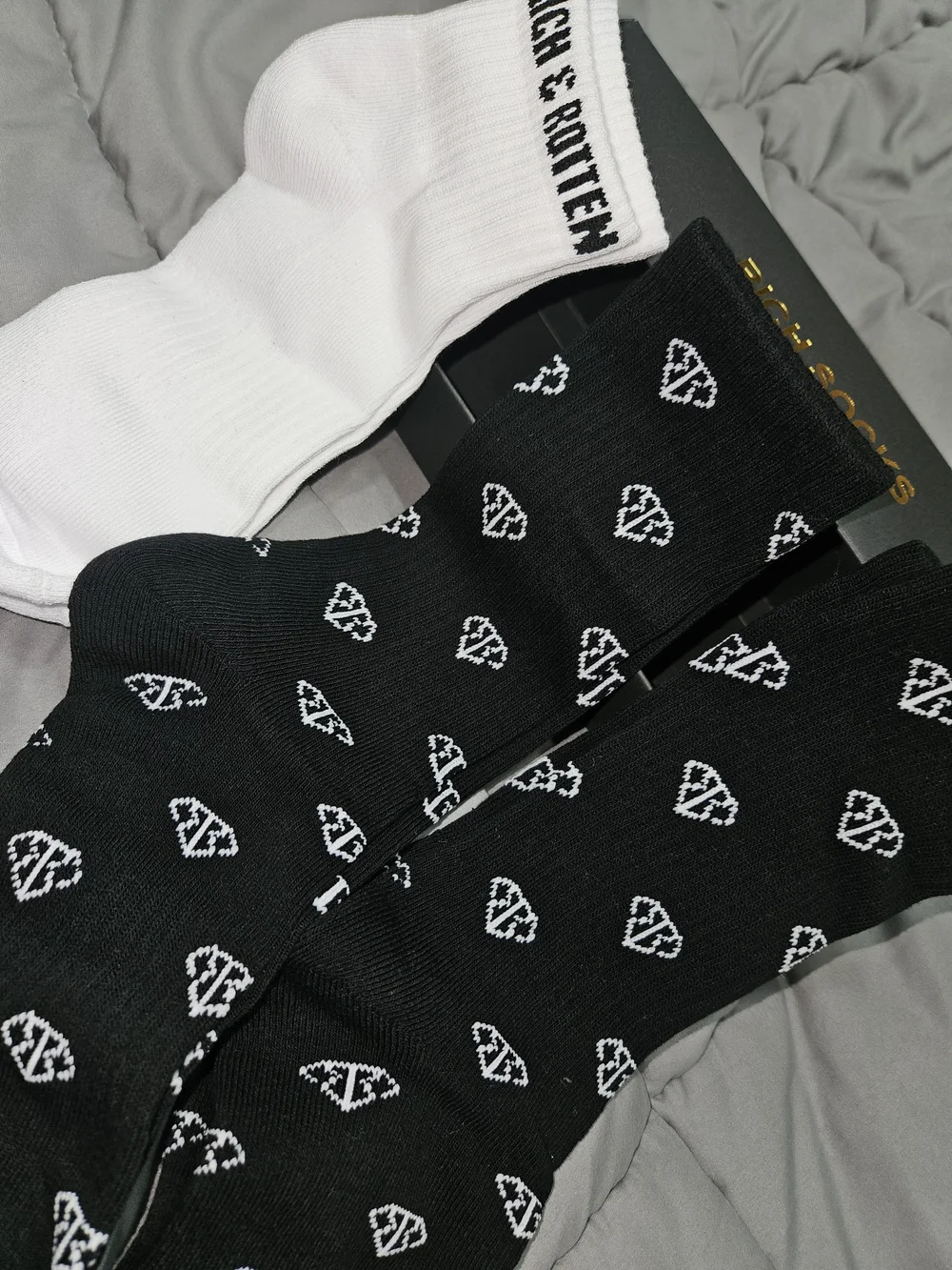 Rich & Rotten Black Patterned Crew Socks with White Ankle Sock-NWOT